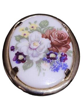 Oval Porcelain Silvertone Brooch Pin Painted Flowers Red White Blue Purple Green